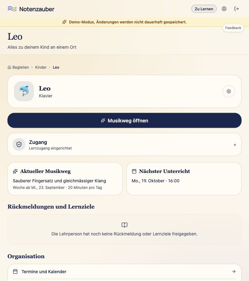 Echte Begleiten-Demo mit Wochenziel und nächstem Unterricht des Beispielkindes Leo